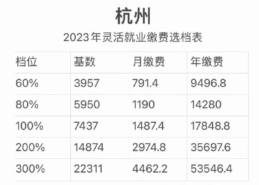 杭州2023年灵活就业缴费选档表